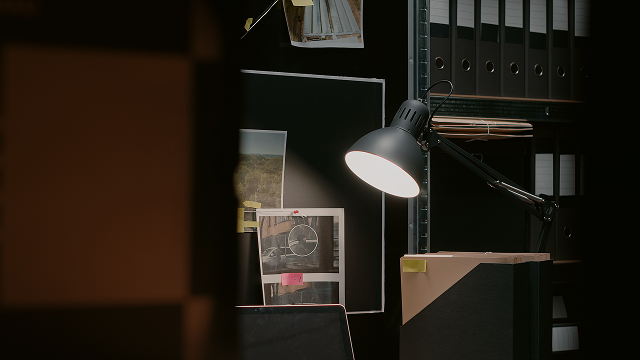 Private Investigator, GPS Tracking | Desk lamp illuminating a surveillance photo marked with a pink 'Suspect' sticky note on a dark investigation board.