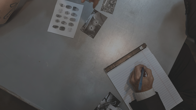 Private Investigator, GPS Tracking | Detective taking notes on a notepad while analysing fingerprint samples and crime scene photos.