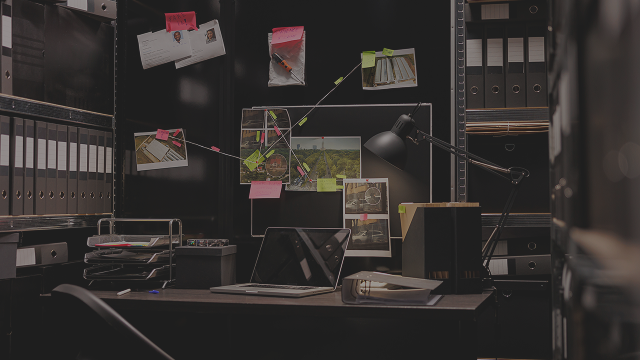 Private Detective Agency Singapore | Detective investigation board featuring surveillance photos, sticky notes, and connecting strings above a cluttered desk workspace.